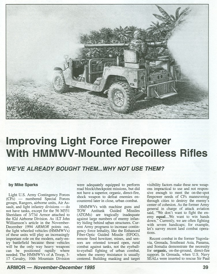 Mobile Firepower on a 4x4 vehicle, Drawing by Jody Harmon, U.S. Army Armor magazine re: November-December 1995 pg.39 'Improving Light Force Firepower with HMMWV mounted Recoilless Rifles' by Mike Sparks
