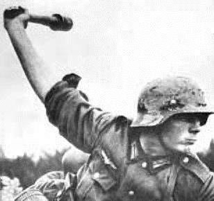 German Soldier with 'potato masher' grenade