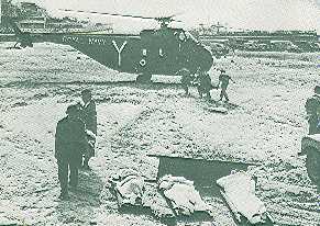 Sikorsky S-55 type helicopter used by the British Commandos in 1956 picks up the dead